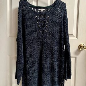 Lace-Up Open Knit Scoop Neck Sweater - Navy